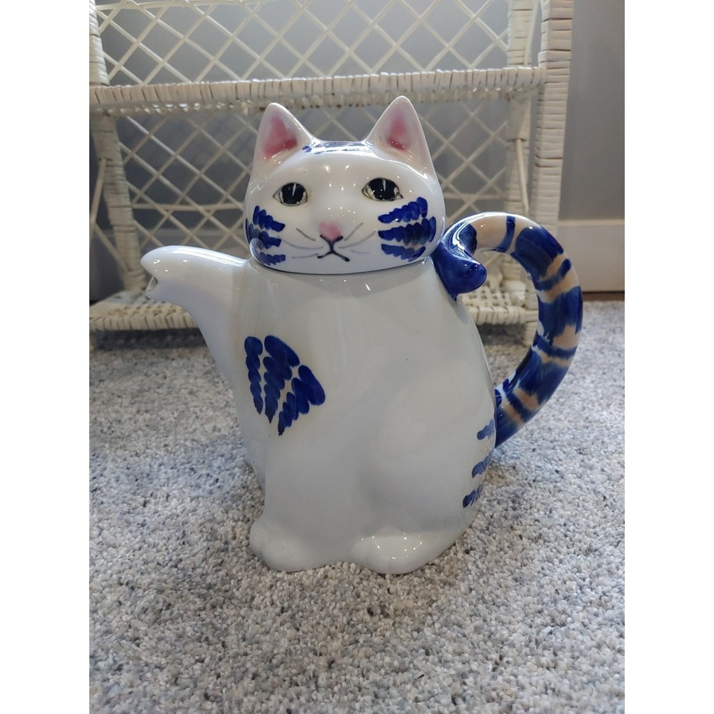 Pier 1 Lucky Cat Teapot Blue Striped Kitty Paw Spout 8.5" Vintage